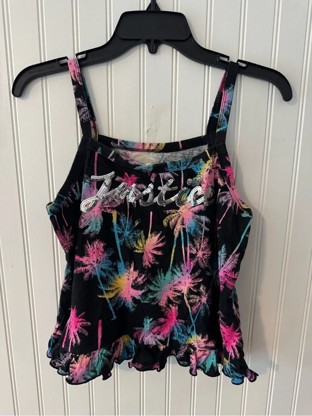 Justice Girls Black Tank Top with Neon Palm Print